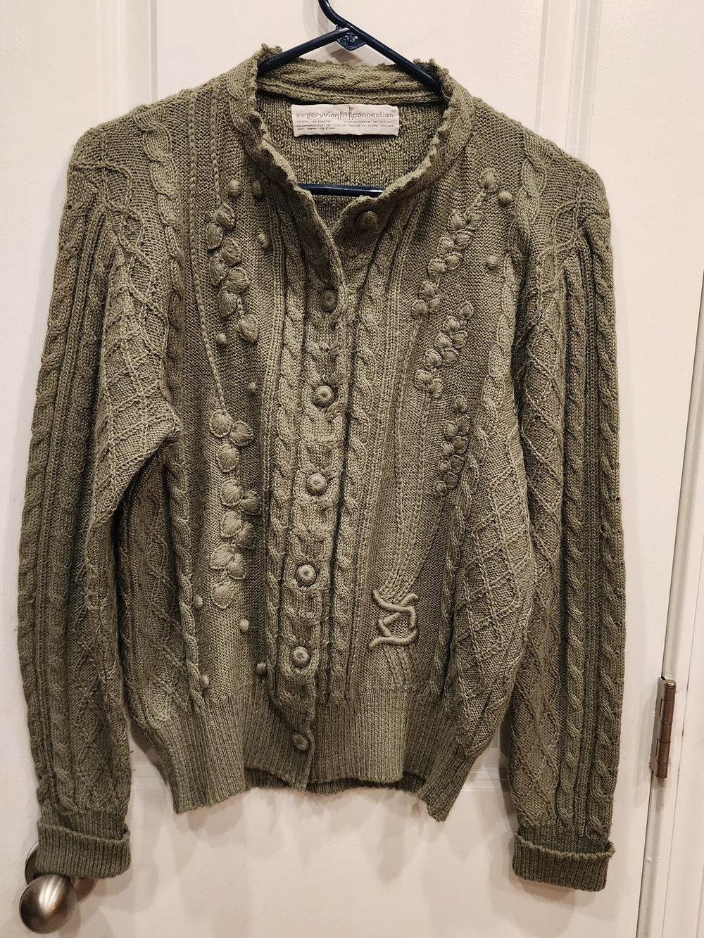 Vintage Peruvian Connection 100% Alpaca Cableknit Cardigan Olive/Sage Green S/M